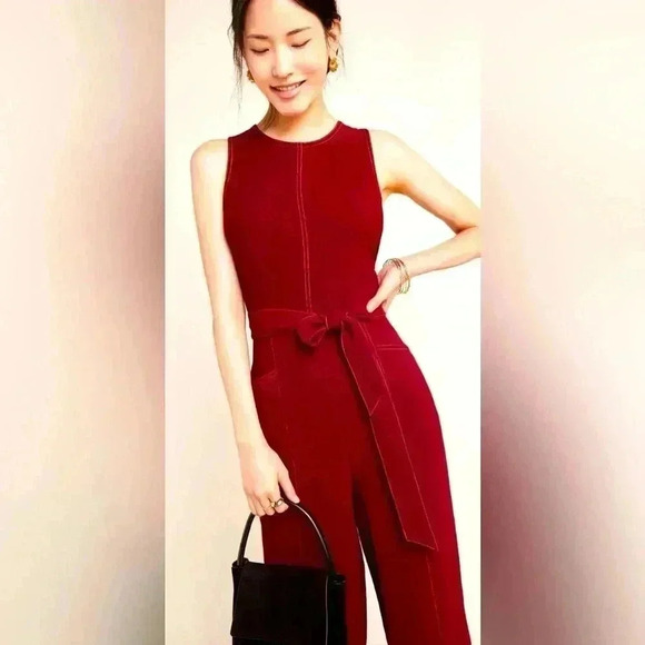 Anthropologie Greylin Jumpsuit Colleen Contrast Stitch belted sleeveless - Picture 1 of 13